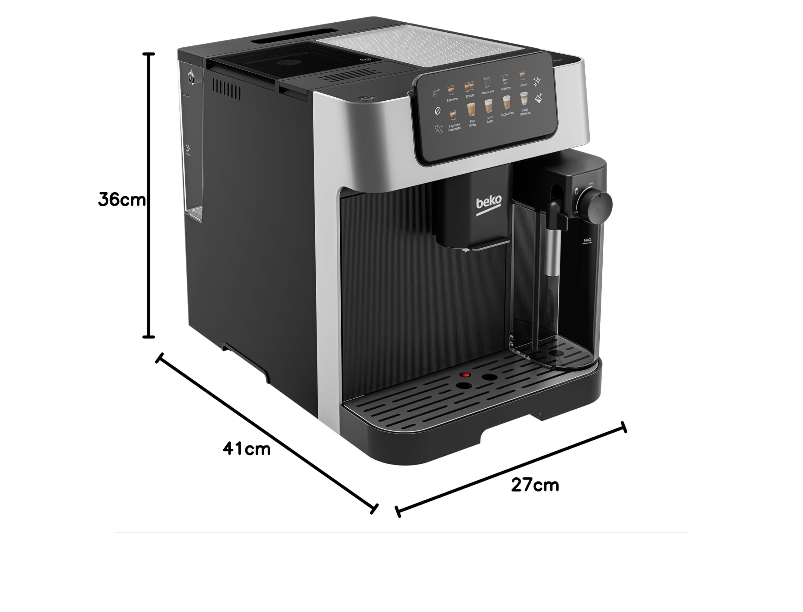 BEKO CEG7304X - Macchina Caffè Automatica Caffe in Grani con Macina Caffè e Chicchi Integrato - Macchinetta con Lattiera per Espresso e Cappuccino, Display Touch, Pressione 19 Bar 27,5x40,5xh34 - Nero