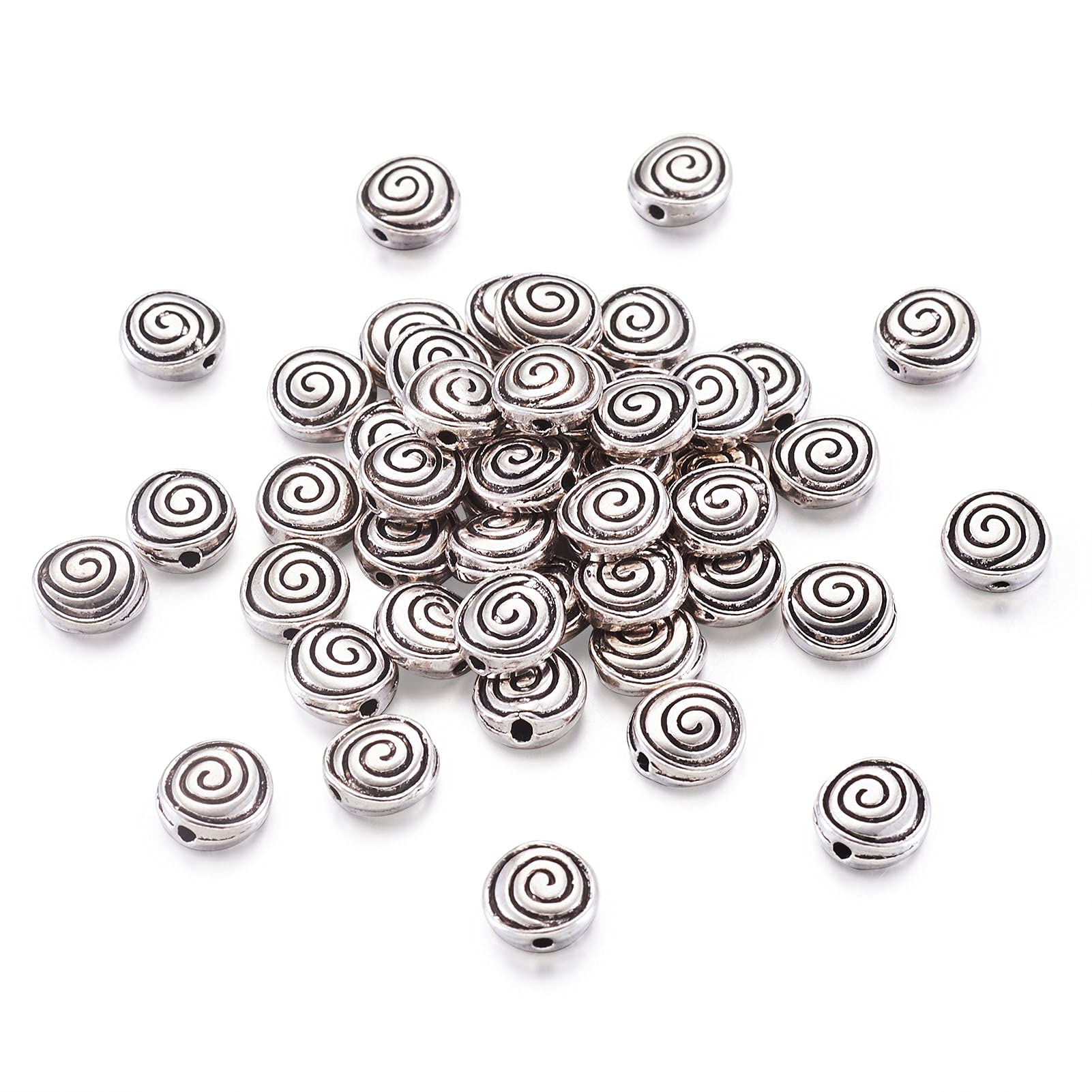 Craftdady 50Pcs Antique Silver Flat Round with Spiral Pattern Spacer Beads 8x8mm Tibetan Metal Coin Disc Loose Beads for DIY Jewelry Making with 1mm Hole