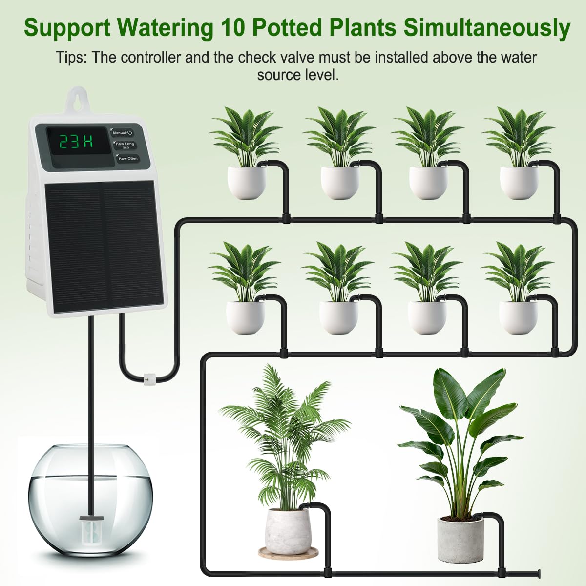 Irrigazione Aautomatica Solare, Irrigazione Programmabile Fai da Te 15 Giorni, Impermeabile con Display Digitale, Kit Irrigazione Solare per 10 Piante in Vaso, Interno, Balcone, Terrazzo ed Esterno