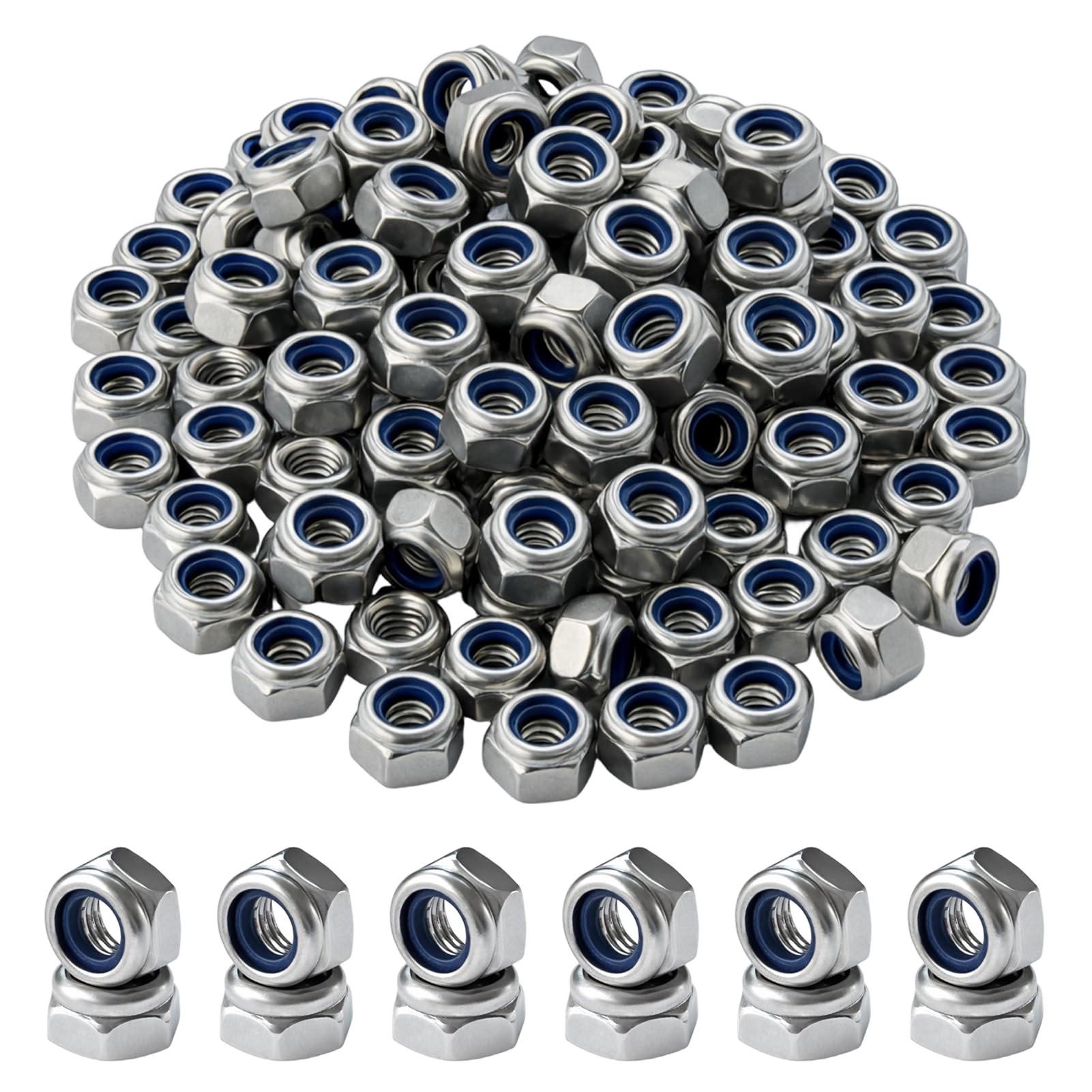 100Pcs M6 Nuts Nylock, Stainless Steel Hex Nylon Insert Self Locking Nuts, Anti-Loosening Threaded Hexagon for Bolts, Screws, Machinery, Automotive, Construction and General Fastening Use