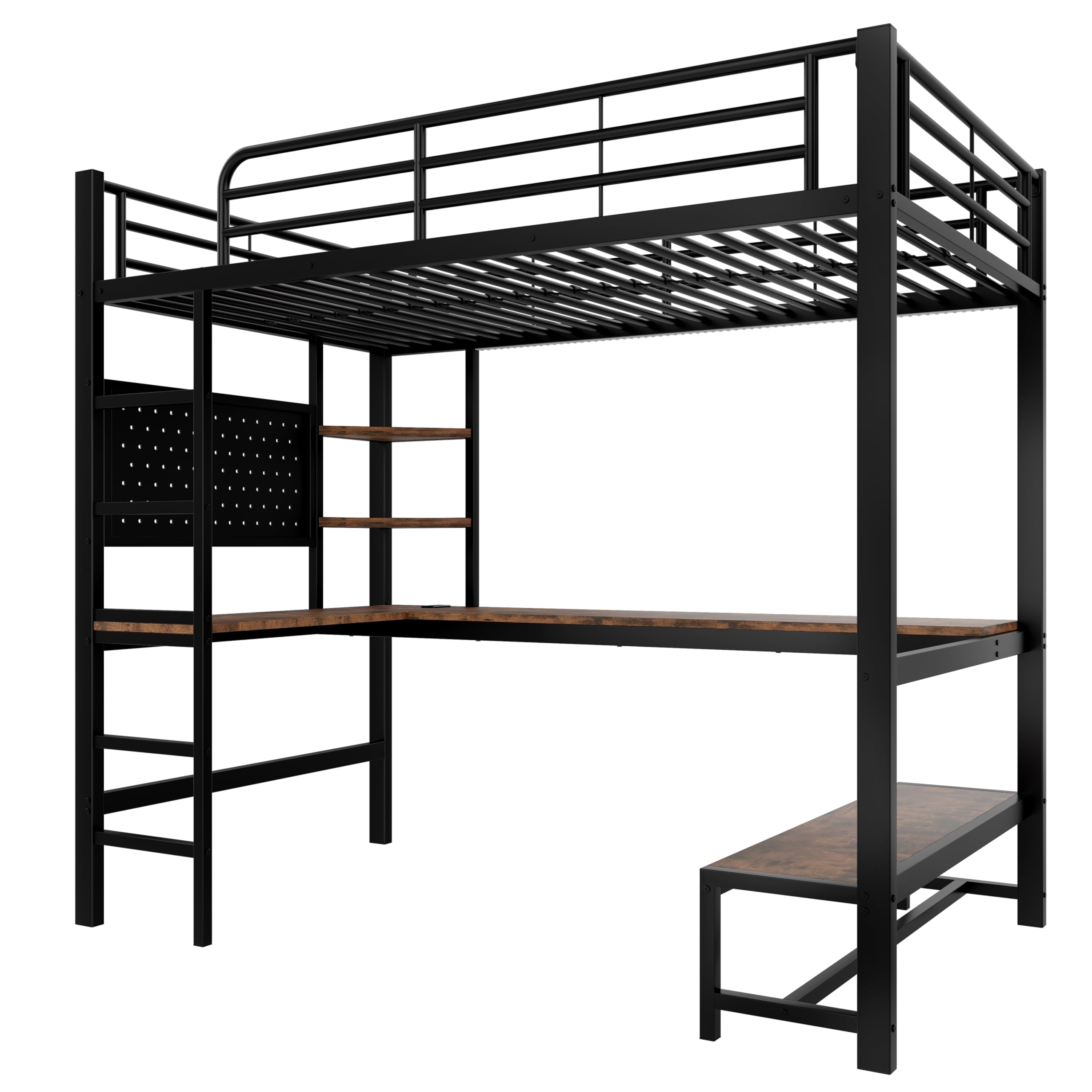 Moimhear Cama alta, marco de hierro, escritorio, barandilla, escalera de tijera, varios estantes, con USB+Type-c, con barra LED, con tabla perforada, sin colchón (negro, 90 x 200 cm)