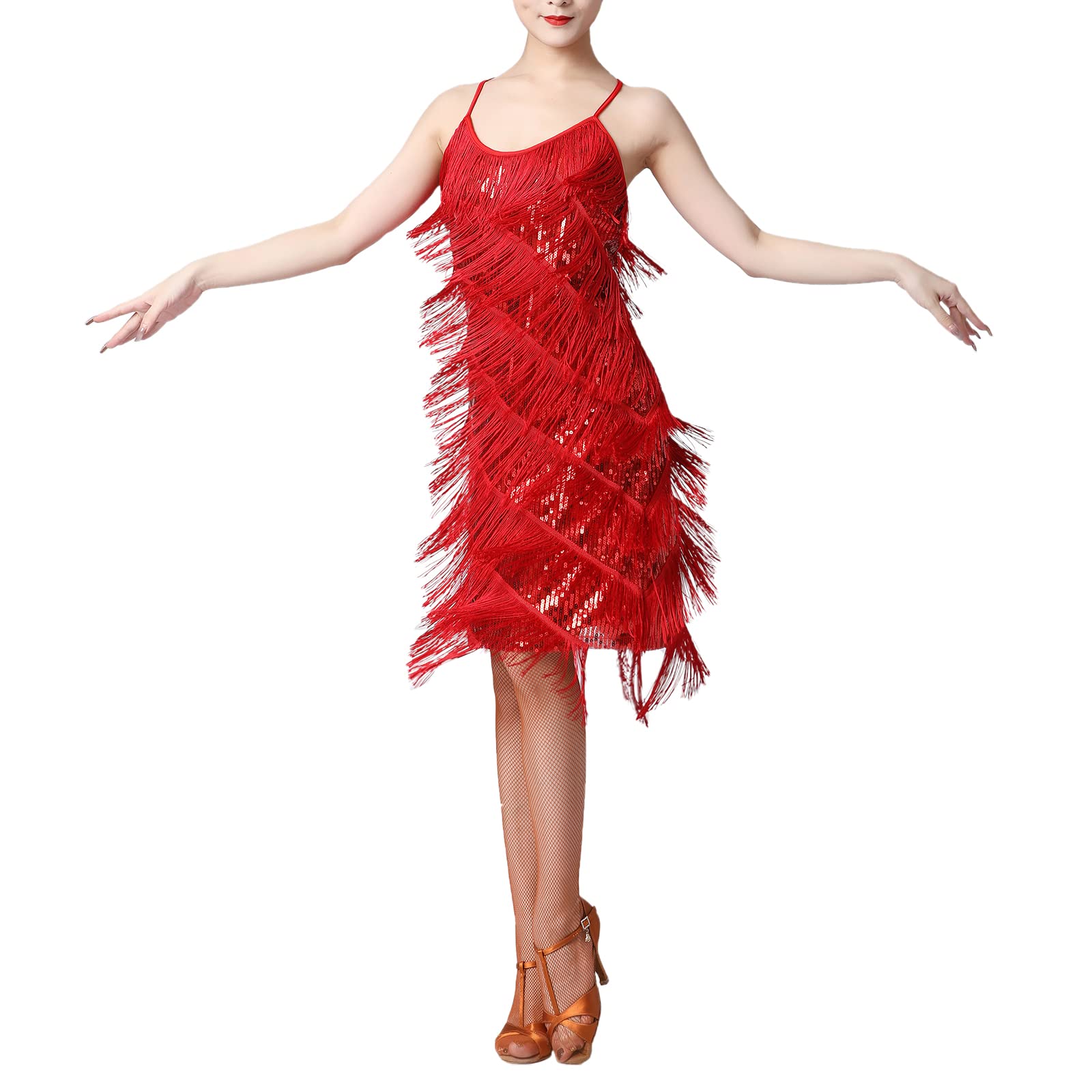 ODASDO Latein-Tanzkleid für Damen, Erwachsene, glänzende Pailletten, Quasten, Spaghettiträger, Salsa, Tango, Ballsaal, Kostüm, Tanzkleidung