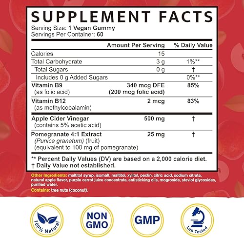 Miniatura 2 de Vitacook Gomitas de vinagre de sidra de manzana para mayor energía, salud digestiva, con vitamina B9, vitamina B12, extracto de granada, sin