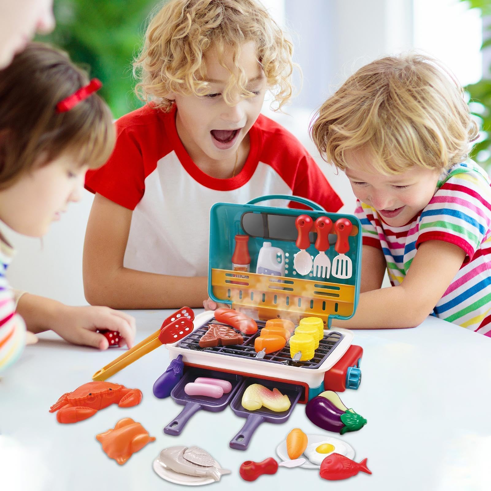 Barbecue Giocattolo Per Bambini Cucina – Set Grill Simulazione con Vapore Suono E Cibo Che Cambia Colore | Piccole Attrezzature Chef Gioco Simbolico