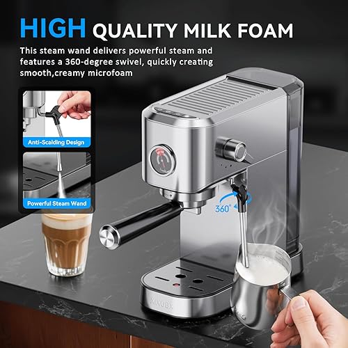 Miniatura 5 de Máquina de café expreso de 20 bar, compacta con espumador de leche, cafetera de acero inoxidable para capuchino y leche, tanque de agua de 42 onzas,