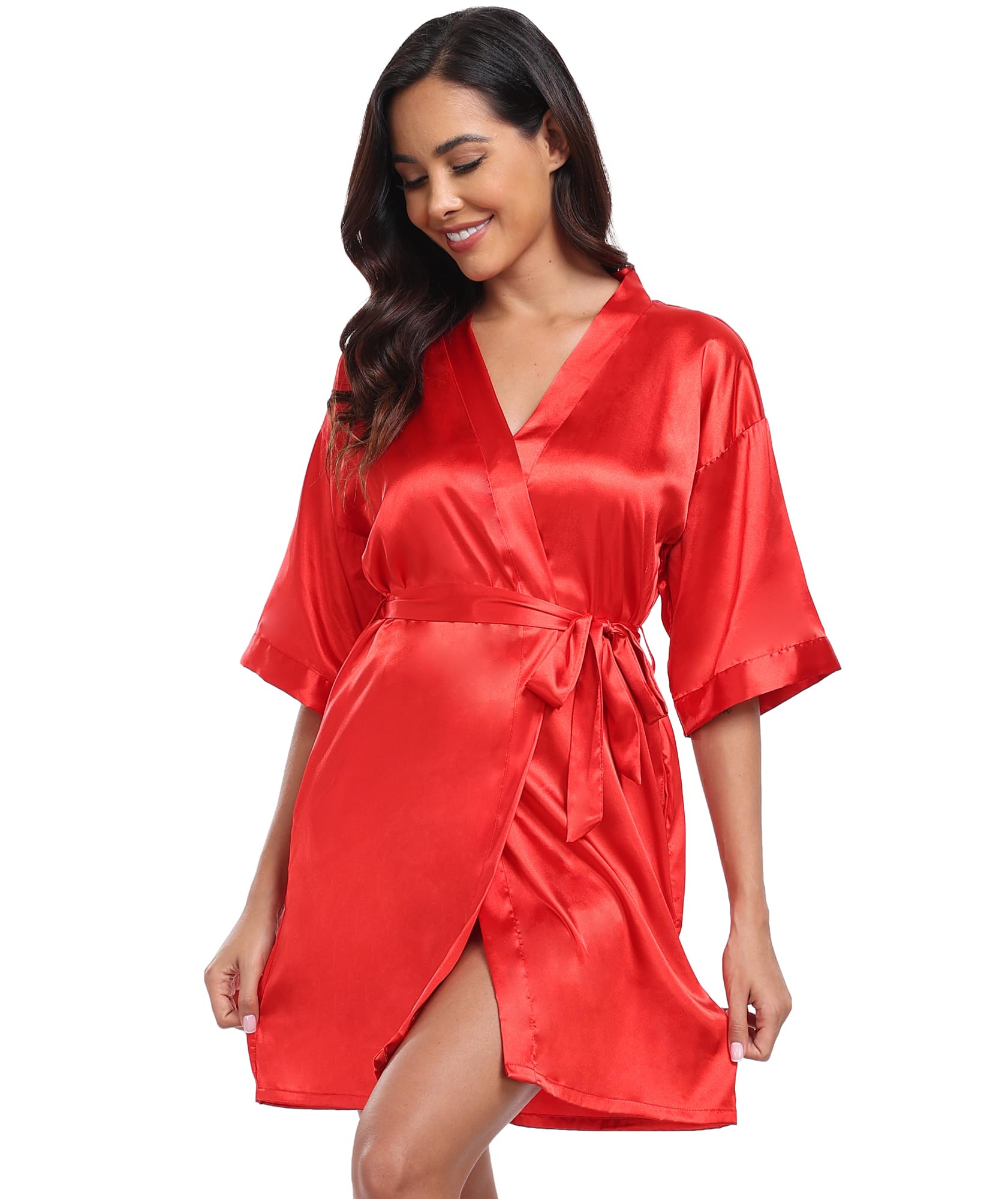 Women's Short Kimono Robe Silky Satin Bathrobe Bride Bridesmaids Getting Ready Sleepwear Soft Nightgown