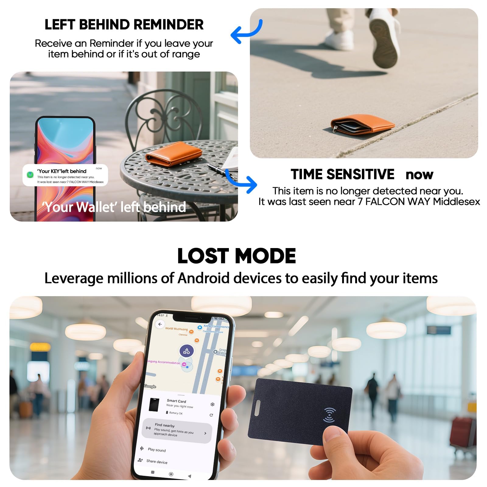Geldbörsen-Tracker-Karte für Android,Wiederaufladbarer Wallet Tracker kompatibel mit Google Find My (Nur Android), IP68 Wasserdicht, Bluetooth Smart Tag für Schlüssel,Geldbörse,Ausweis
