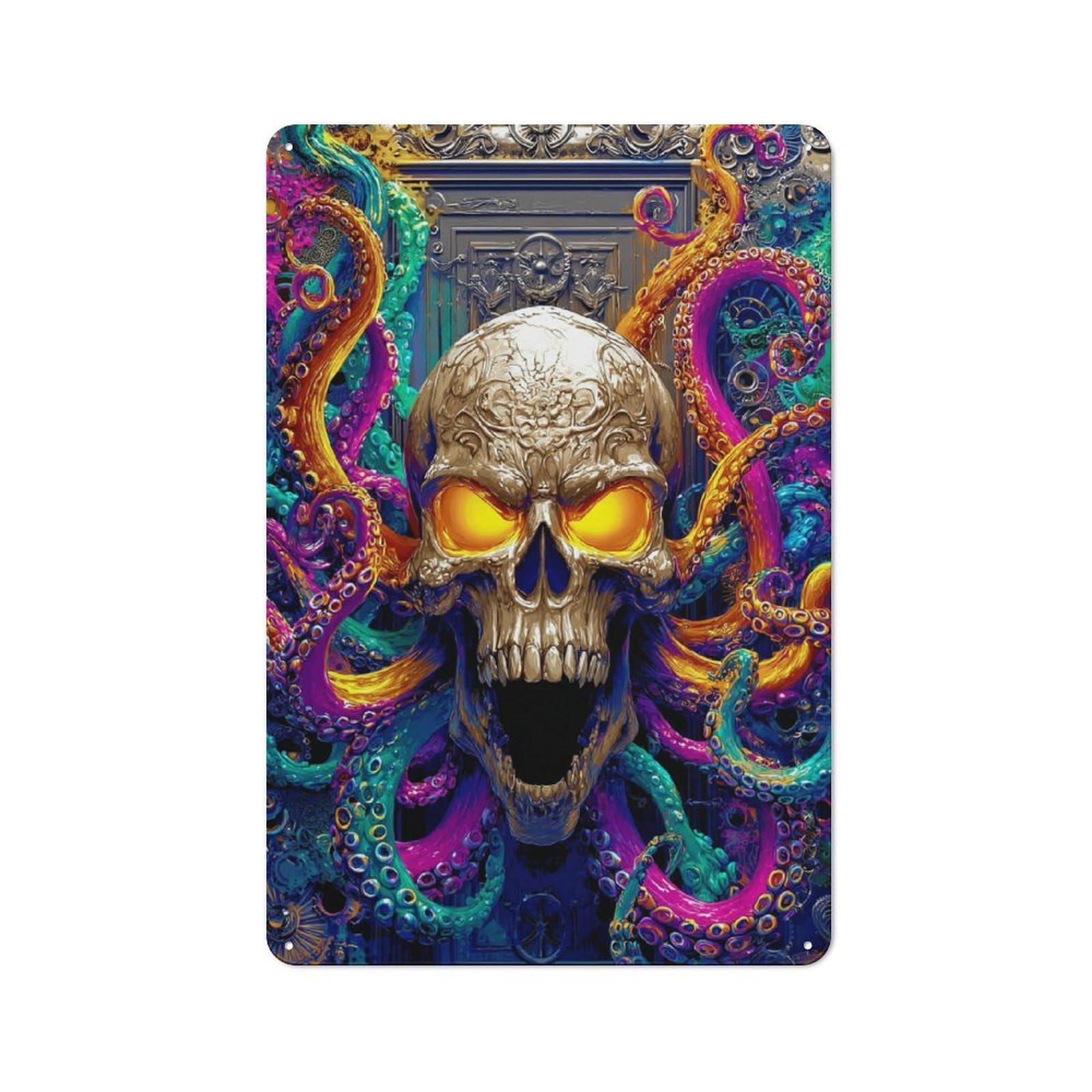 Junmoney Colorful Skull With Tentacles Artwork Metal Wall Sign 30X20cm Featuring For Café Or Restaurant, A Decorative Metal Sign For Cafés And Restaurants
