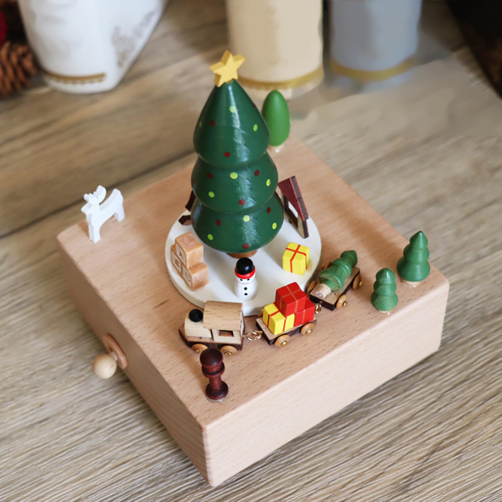 Hand Wood Music Box con treno rotante, regalo di compleanno, ornamento a forma di cartone animato, decorazione per la casa, tablet