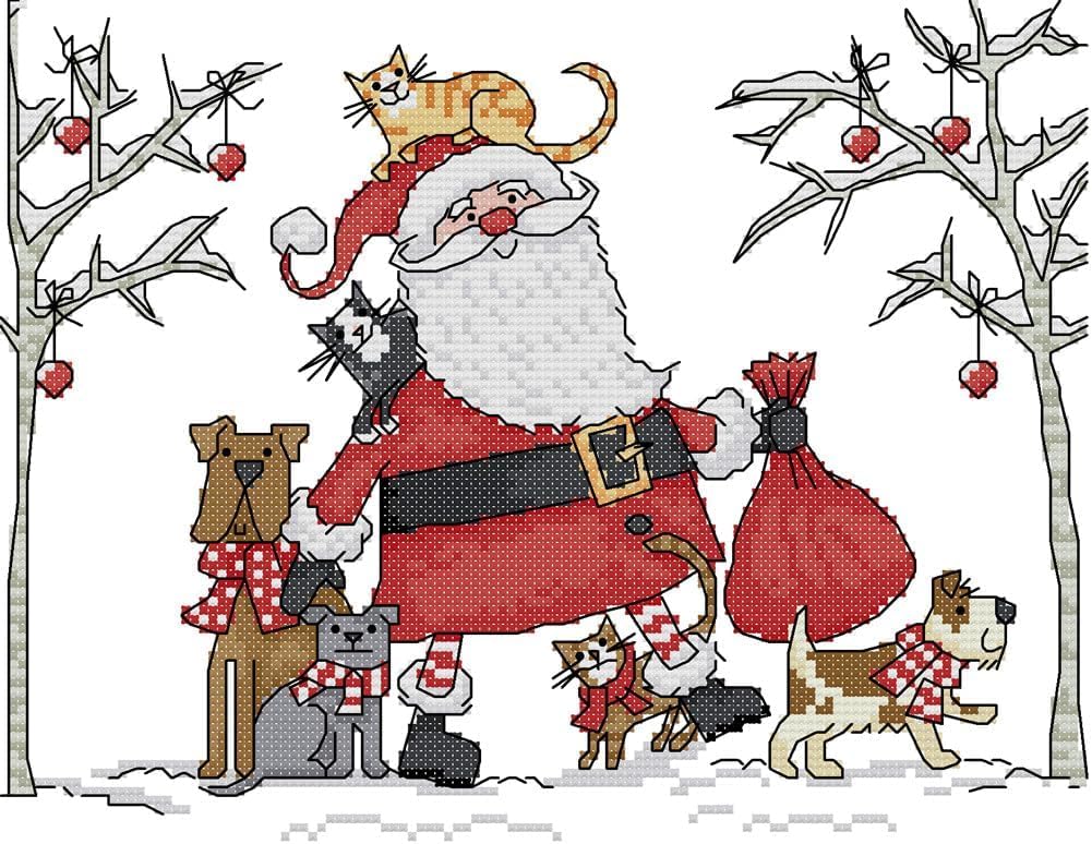 Zleiubisa Santa Claus Puppy Tree DIY Cross Stitch Art Craft 37x27cm Fabric with Accessories, 11ct Pre Printed Stamped Embroidery Kits for Adults Beginners (Santa Claus)