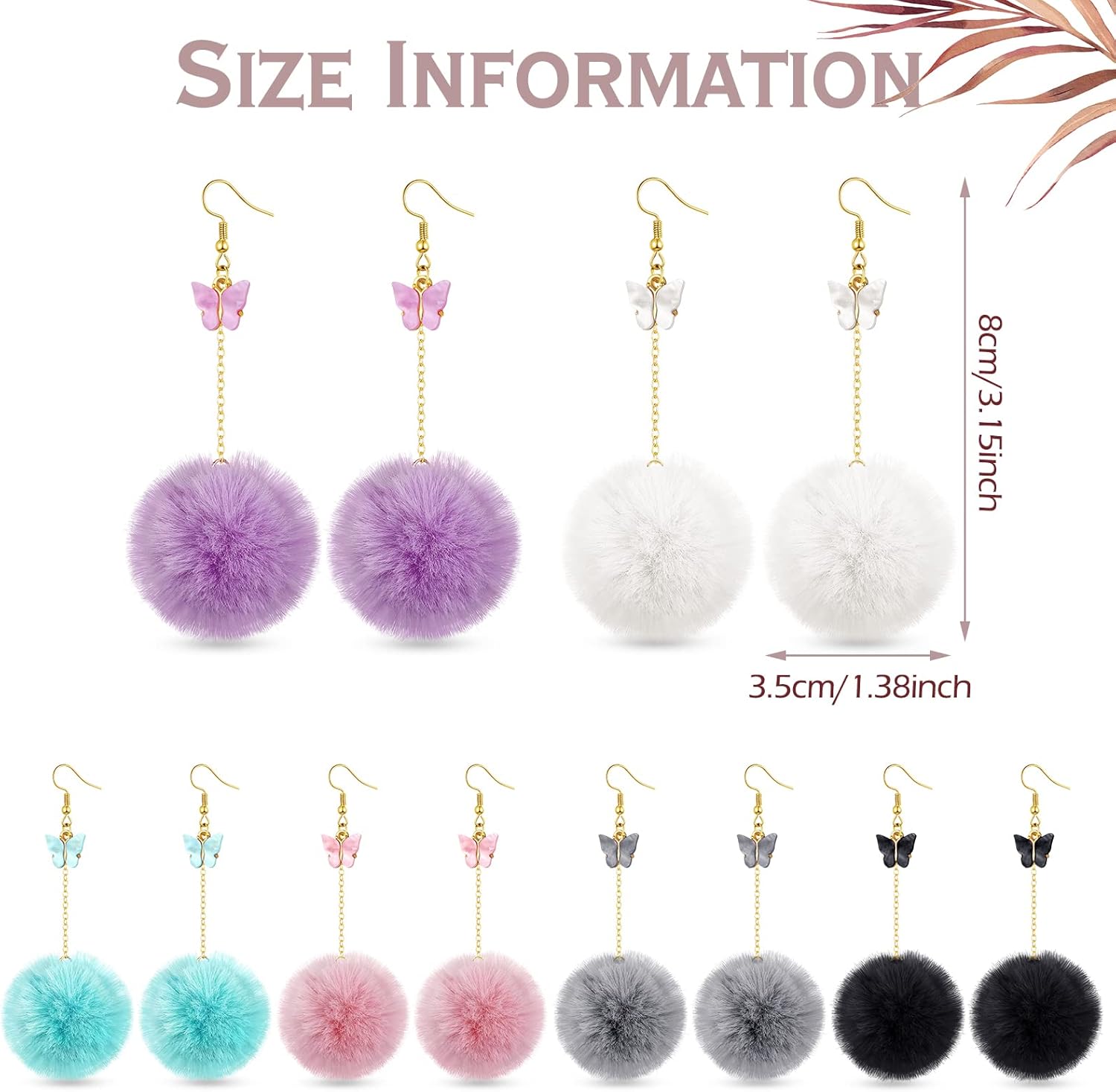 6 Pairs Christmas Butterfly PomPom Earrings Drop Dangling Colorful PomPom Earrings Winter Jewelry Butterfly Pendant Faux Fur Fluffy Ball jewelry for Women - Image 3