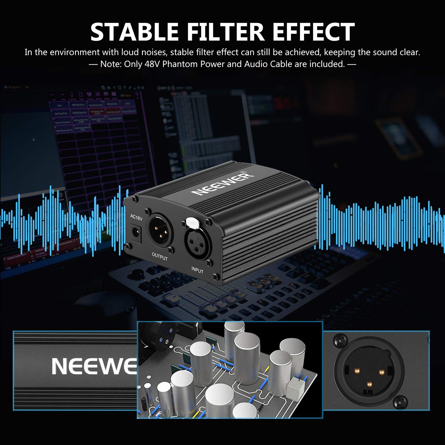 Neewer 1- Canal 48V Alimentation Fantôme Noir avec Adaptateur et un XLR Câble Audio pour Tous Microphones à Condensateur Musique Dispositifs d'Enregistrement
