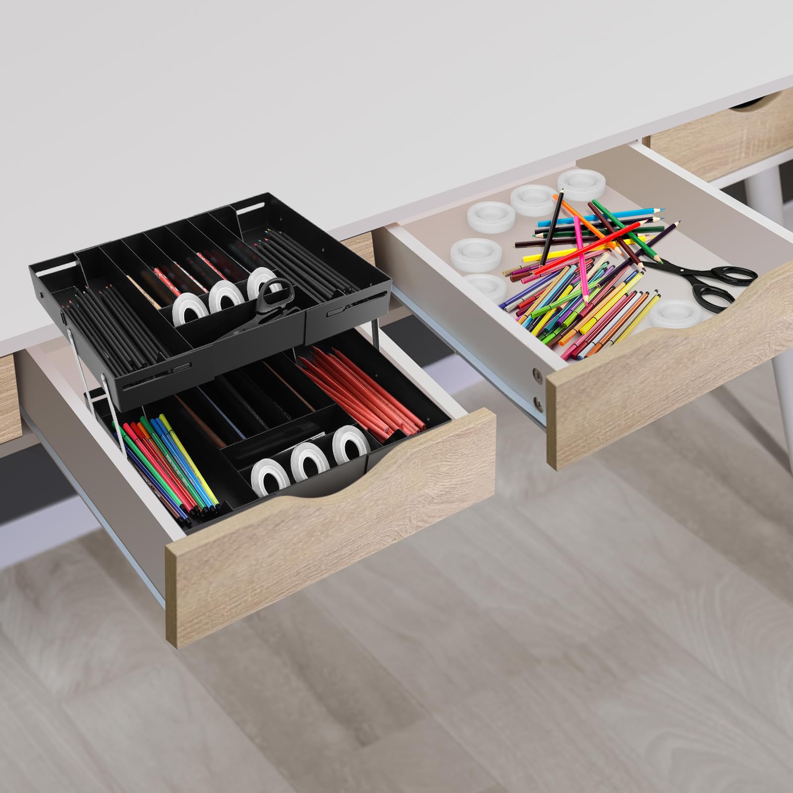 Organizer per cassetti a 2 ripiani, extra large e alto, espandibile, organizer da scrivania per strumenti di ferramenta, trucchi, gioielli (nero)
