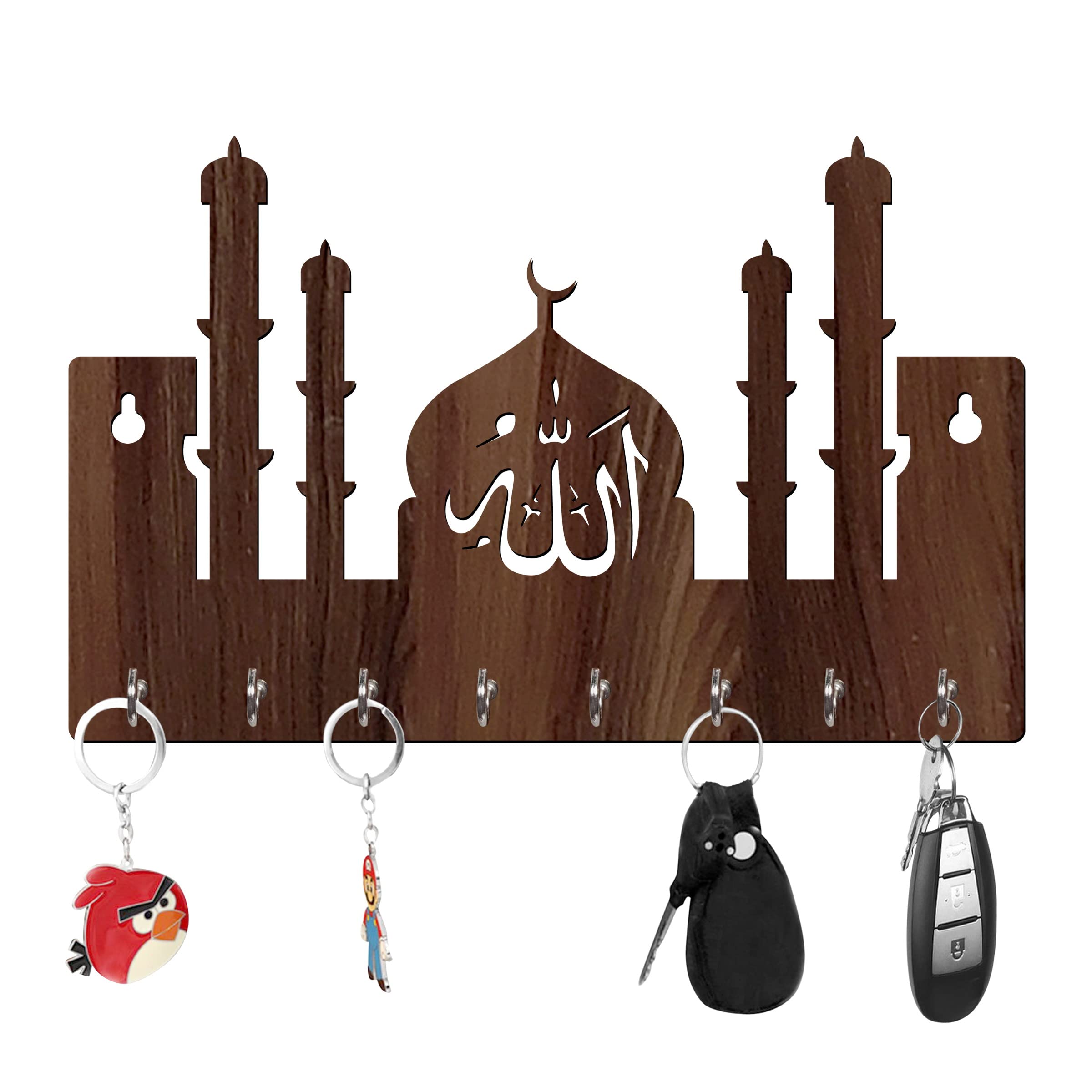 Freny Exim Allah Wooden Key Holder with Face Mask Hanging with 8 Hook - Brown 009-image-23