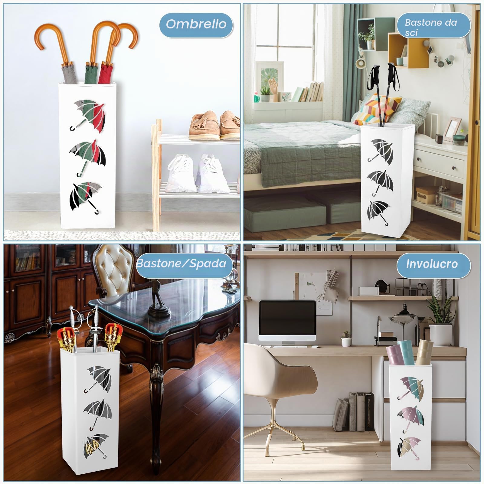 Porta Ombrello Design, Porta Ombrelli in Metallo Quadrato in Stile Moderno, Supporto per Ombrelli con Scultura Antiruggine, per Casa, Ufficio, Ingresso Corridoio, 42 x 16 x 16 cm (Bianco)