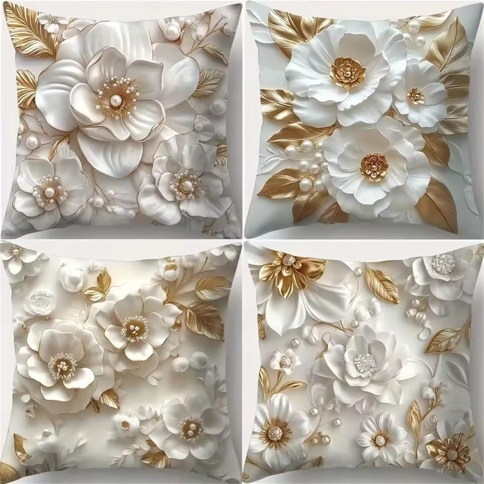 Weiße Blumen Kissenbezug 4er Set 55x55cm Blumen Dekoration Samt Kissenbezüge Moderne Mode Kissenhülle für Sofa Schlafzimmer Couch Outdoor Dekokissen