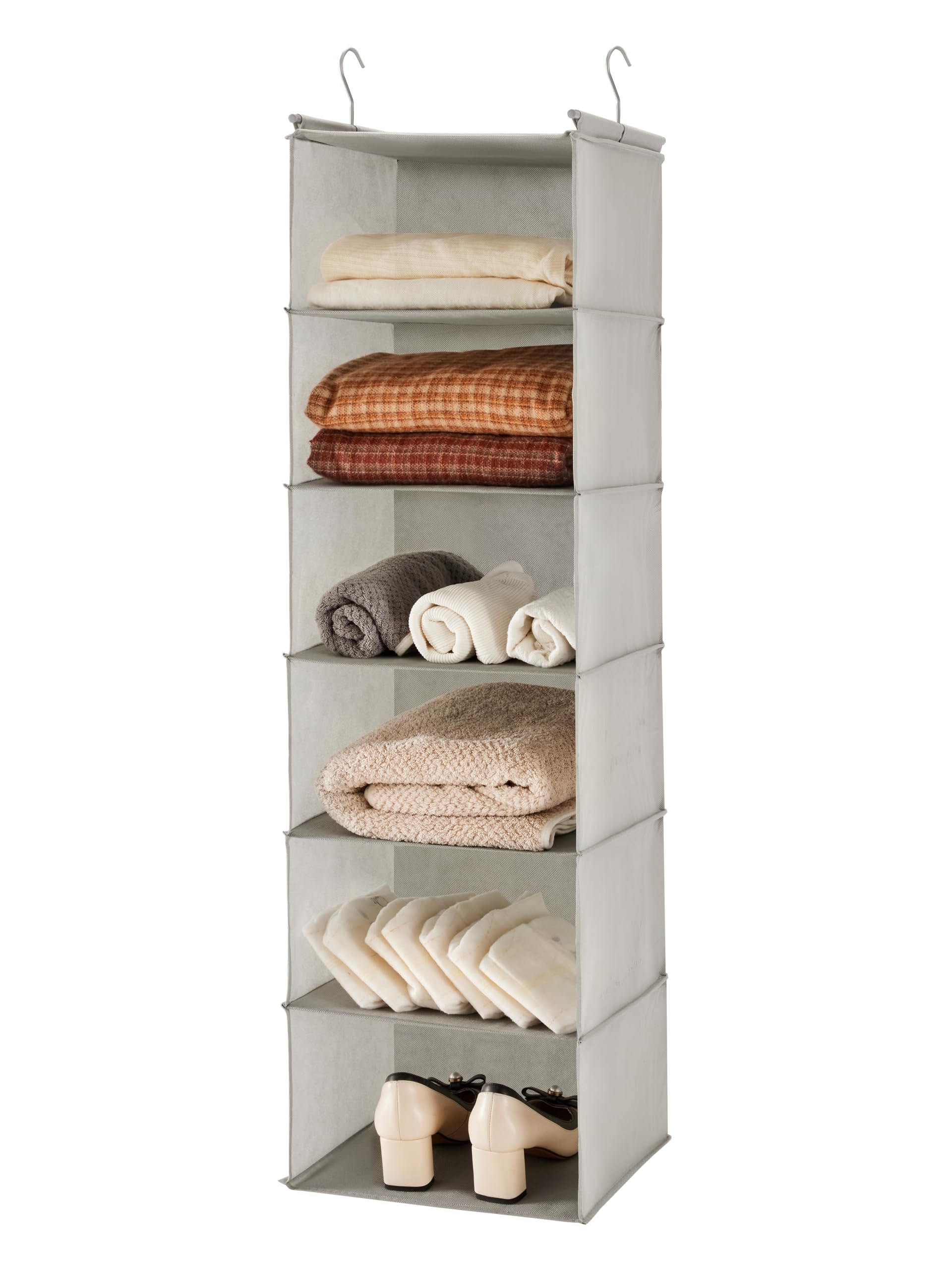 MAX Houser 6 Tier Shelf Hanging Closet Organizer, Closet Hanging Shelf with 2 Sturdy Hooks for Storage, Foldable (Light Grey)