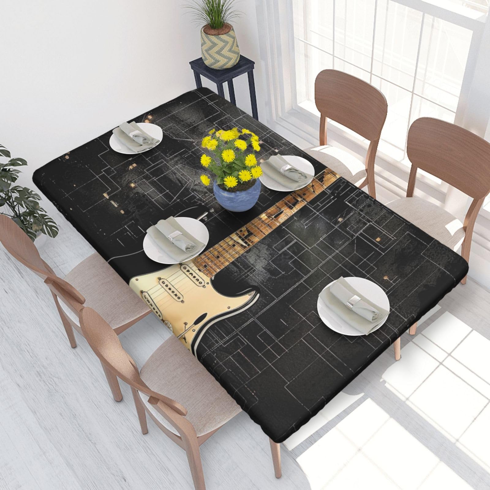 DCARSETCV electric guitar Printed 4FT Waterproof Tablecloth with Elastic Edged Protect & Decor Your Table, Oil-proof Washable Table Cloth Cover for Dinner Picnic Party