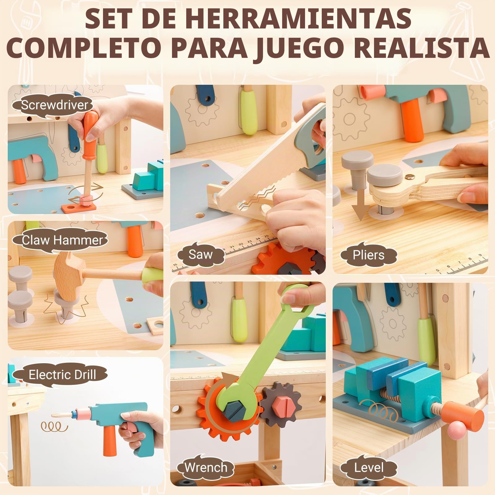 medoga Banco de herramientas para niños, banco de trabajo de juguete, banco de herramientas de madera, banco de trabajo con juego de herramientas, banco de construcción de madera, juguete para niños y