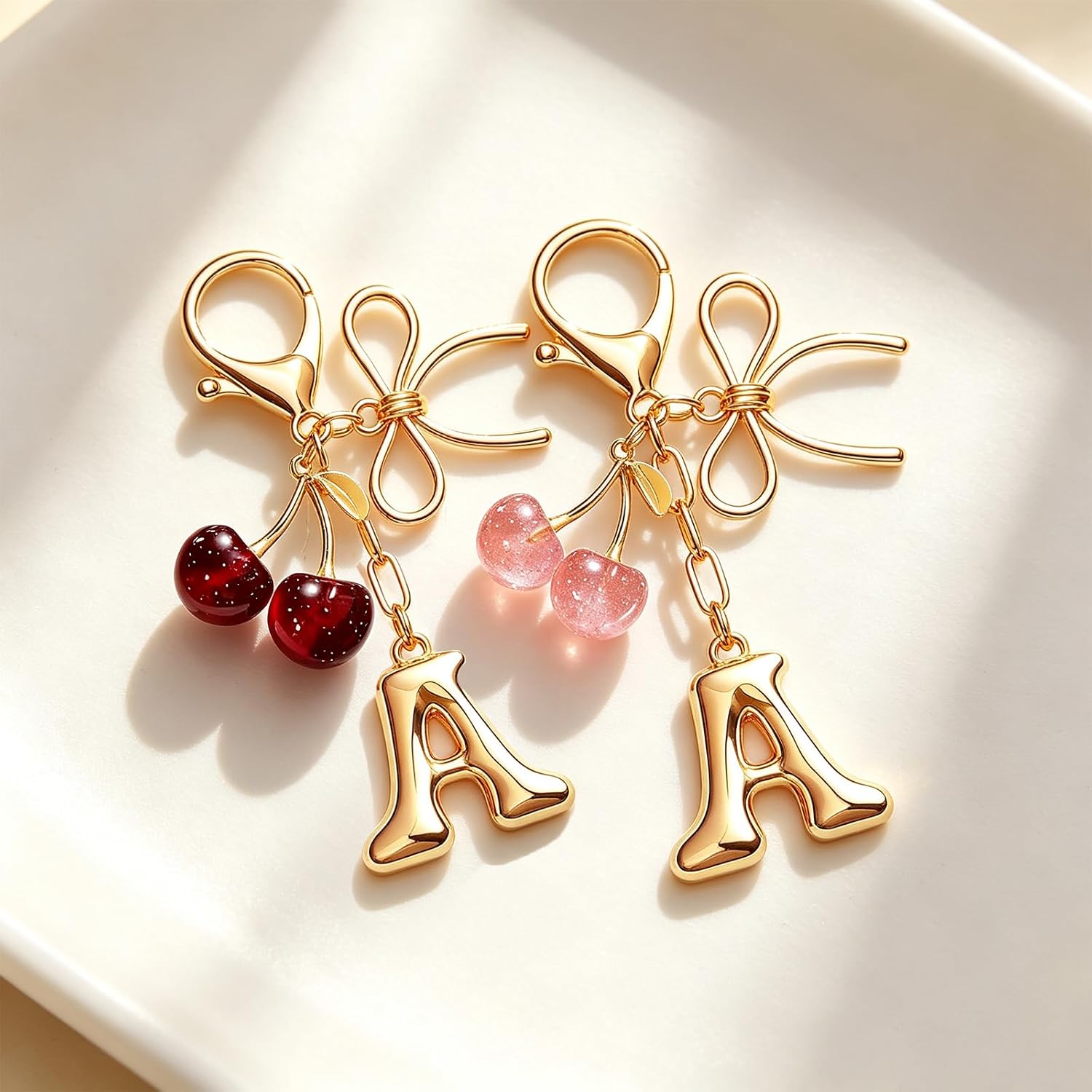 Gold Bubble Initial Keychain with Bow Cherry for Women image 3