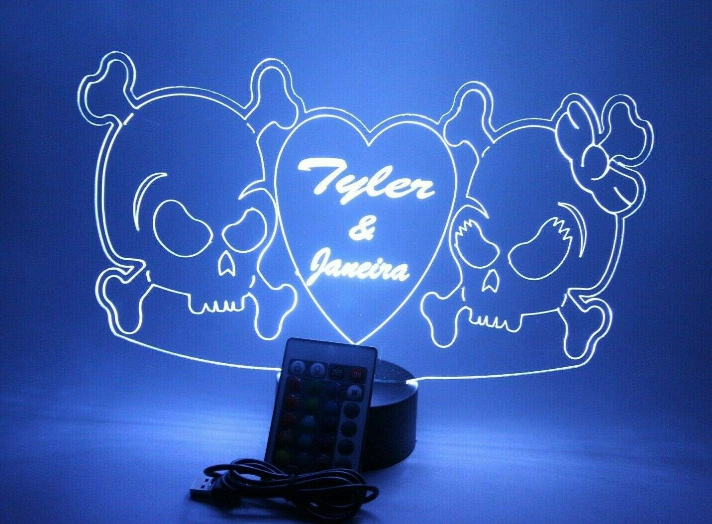 MIRROR MANIA Couple Skulls with Heart Night Light Up Table Desk Lamp LED Personalized Desk Engraved Skulls in Love - It's Wow, with Remote, 16 Color Options, Dimmer, Free Engraved, Great Gift