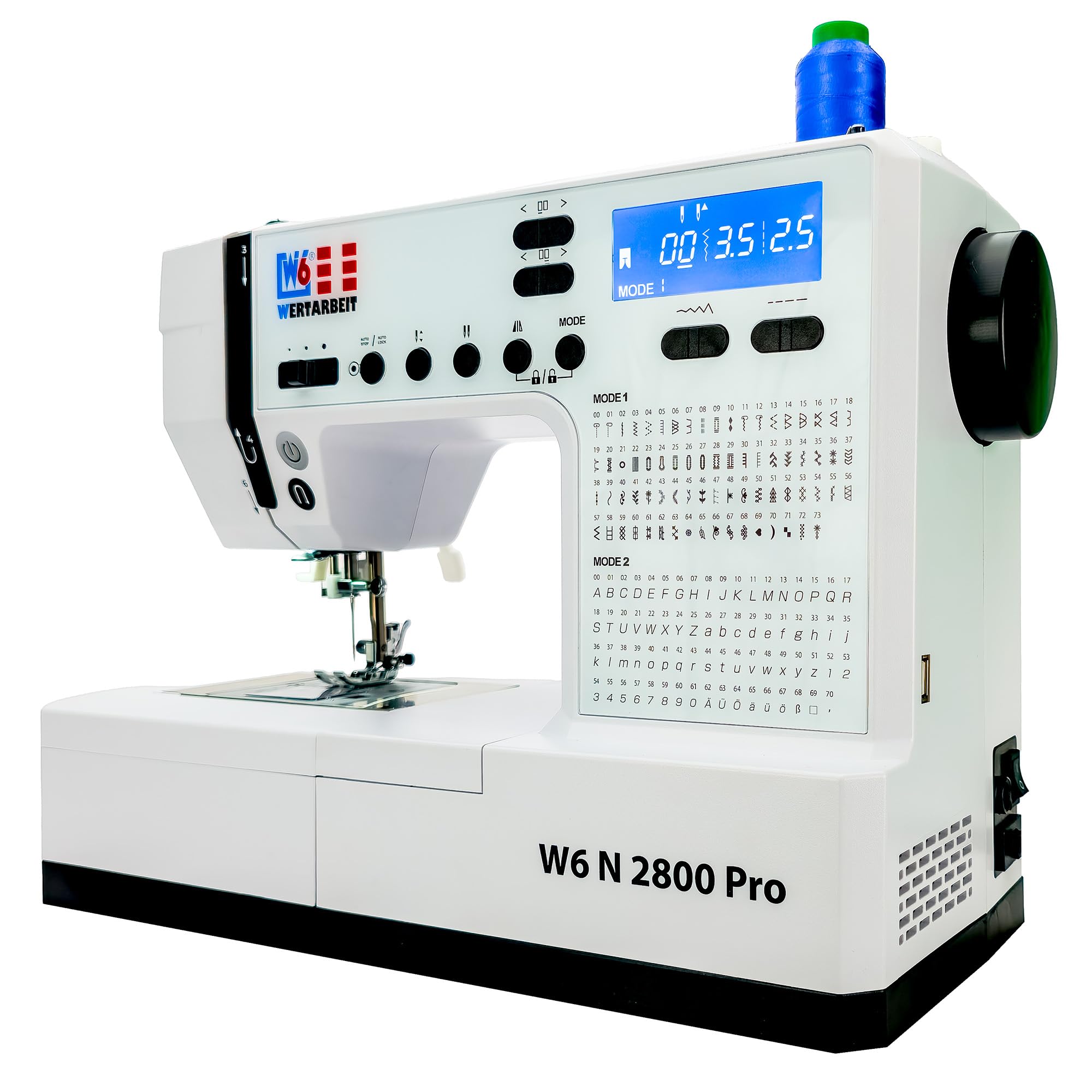 W6 WERTARBEIT N 2800 Pro Nähmaschine (Freiarm Super Computer-Nähmaschine (143 Programme & Alphabet: Buchstaben, Zahlen & Sonderzeichen nähbar)) weiß - Nähanpressdruck - Start/Stopp-Taste - Knopflöcher