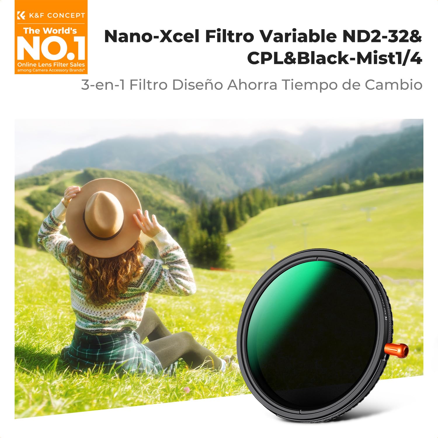K&F CONCEPT Nano-Xcel 82MM Filtro Variable ND2-32 & Black-Mist 1/4 & Polarizador 3 EN 1 Función,ND2-32 Densidad Neutra & CPL & Black Difusión 1/4 Filtro con Paño de Limpieza