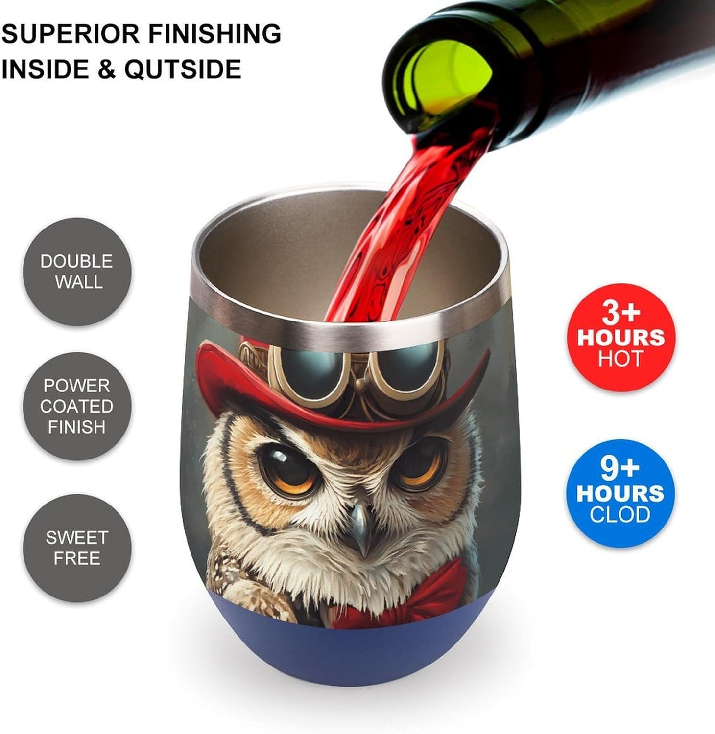 Gentleman Owl with Bowler Hat Insulated Drinking Cup Stainless Steel Coffee Mug Wine Tumbler with Lid 12OZ