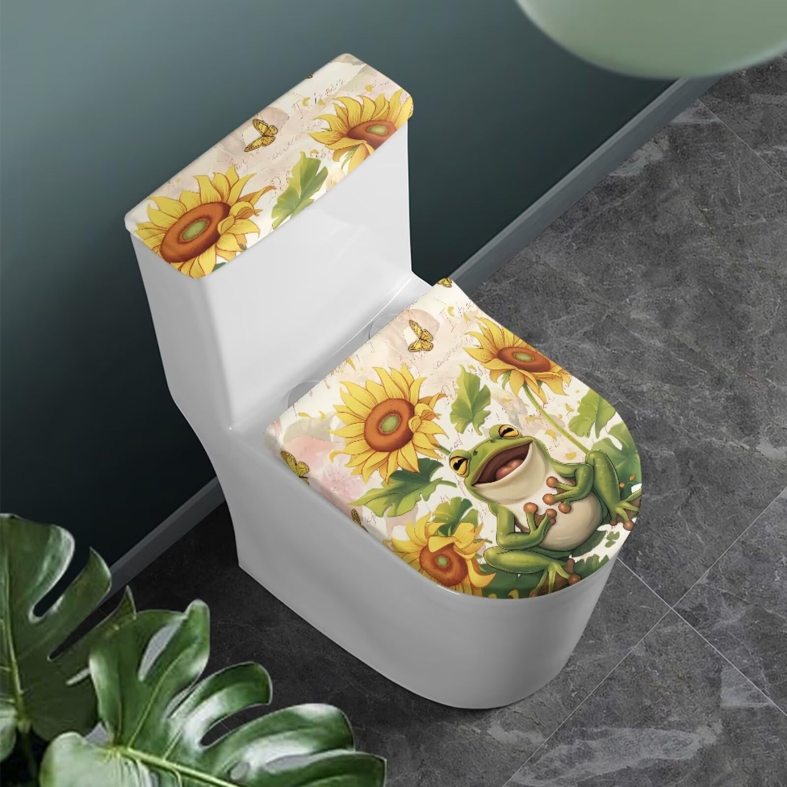 Suhoaziia Cute Frog Sunflowers Bathroom Toilet Lid Tank Cover Set of 2 Pieces Washable Soft Toilet Tank Replacement Cover with Elastic Edges for Home Bathroom Restroom Toilet Decor