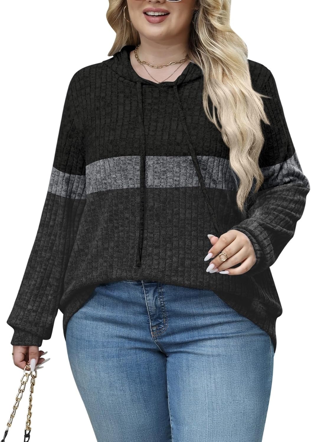 Womens Plus Size Lightweight Ribbed Knit Hoodie Sweaters Casual Long Sleeve Pullover Tops for Fall Winter L-4XL - Image 2