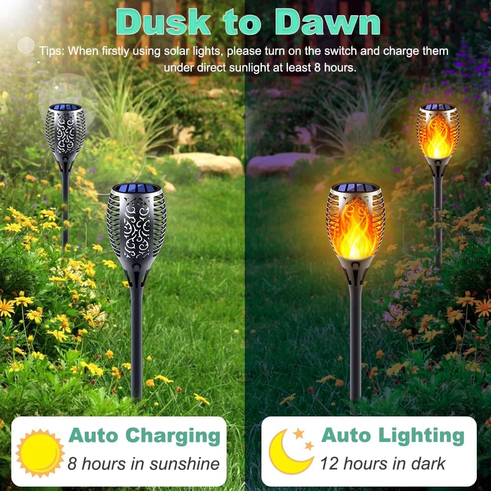 Solar Torch Lights with Flickering Flame, Fire Effect Garden Light, Auto On/Off Dust to Dawn, Outdoor Waterproof Landscape Decoration, Powered Security Light for Patio, 8 Pack