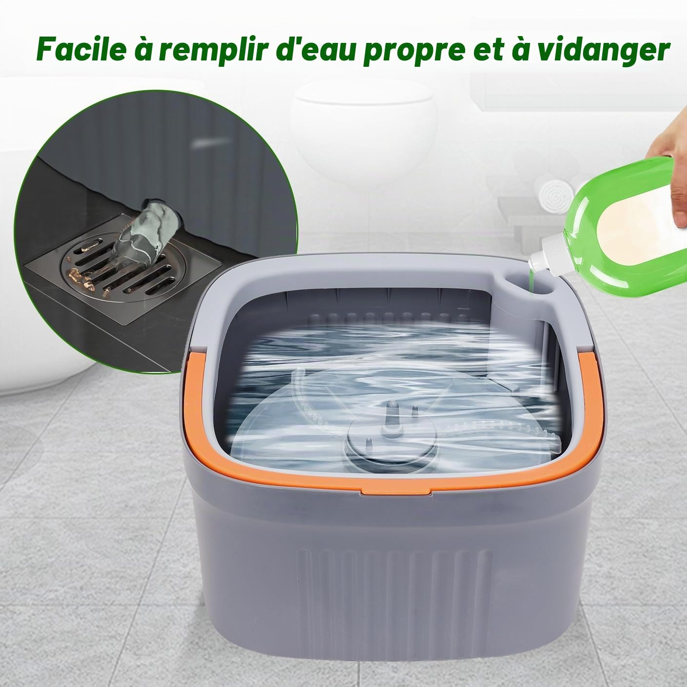 Sgizoku Balai serpillère avec seau, serpillère rotative à 360° avec essoreuse, fonction lavage et séchage, sépare l'eau propre et sale, manche télescopique avec 4 tampons réutilisables pour tous les
