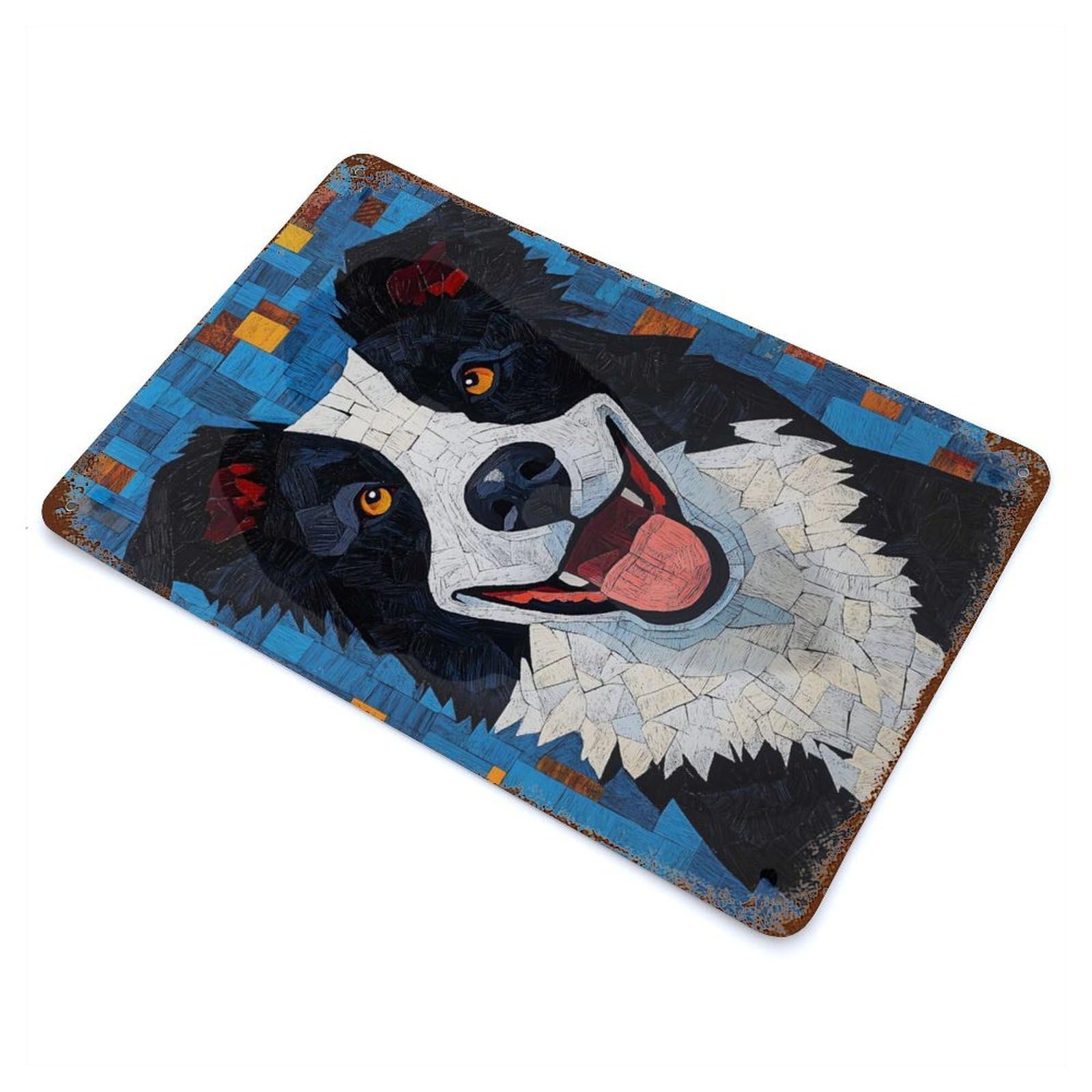 Mosaic Border Collie Weathered Tin Sign 11.8"x7.9", Novelty Wall Decor for Garage, Pub Or Kitchen