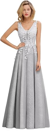 MisShow Sparkly Womens Formal Dress V Neck Floor Length Glittery Party Dress Lace Applique Prom Gowns