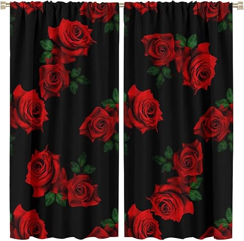 Cortinas de rosas negras y rojas para dormitorio para mujer, 42 pulgadas de ancho x 45 pulgadas de largo, regalo para el día de San Valentín, flores