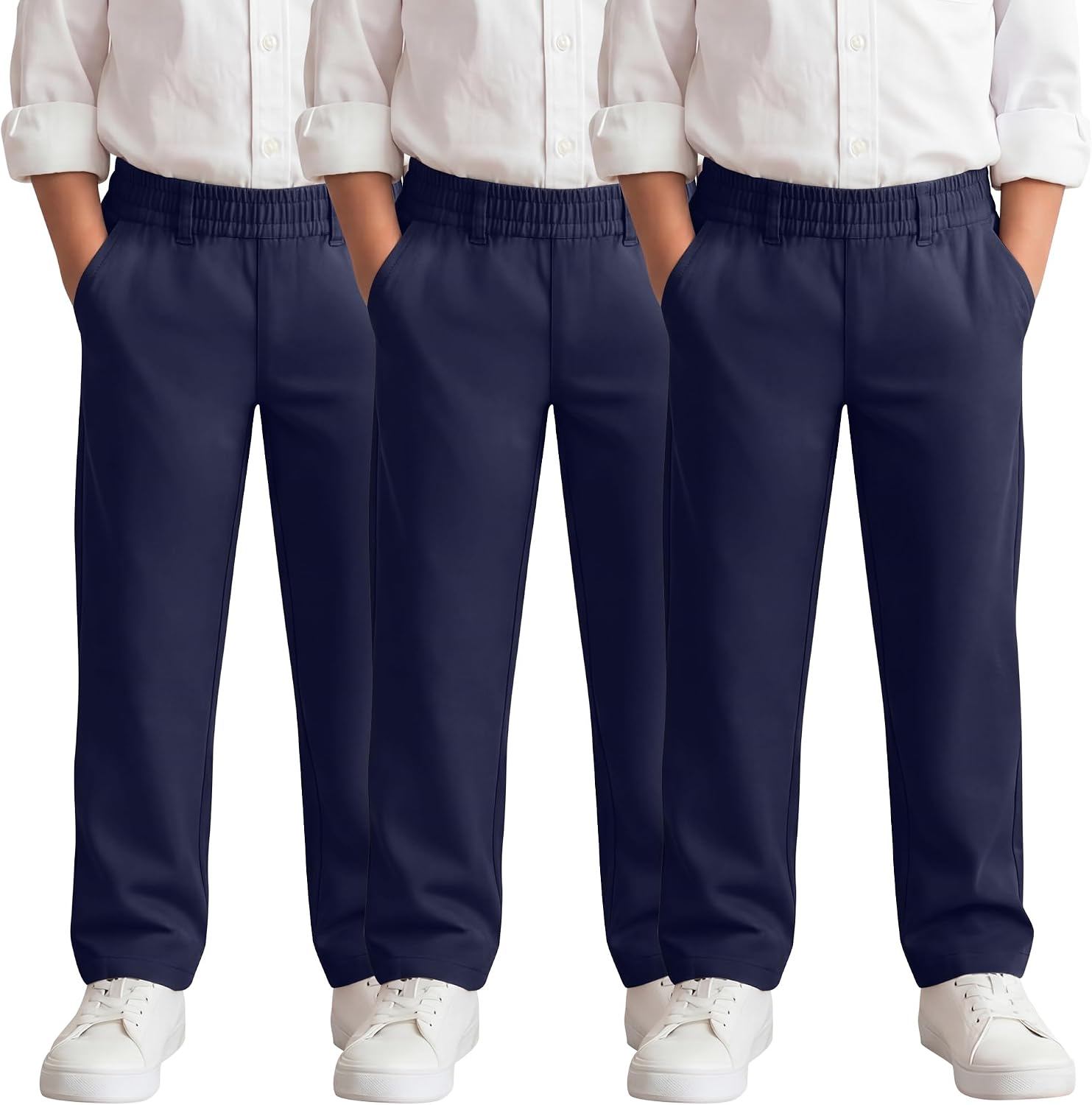 Yooo's Vivi 3 Pack Toddler Boys' School Uniform Pants Elastic Waist Chino Trousers Straight Leg Pull Pants 12M-5T