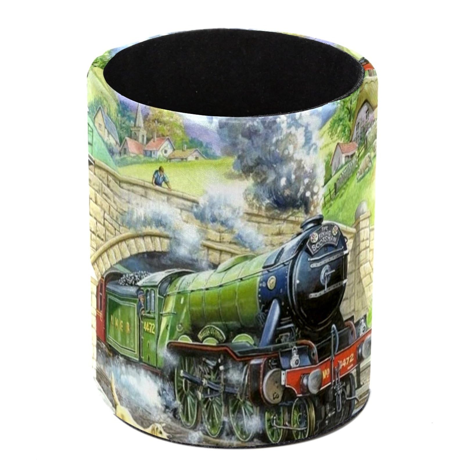 Luoweisi Steam Trains Pen Holder for Desk, Leather Pen Pot, Desk Pencil Holder Round Makeup Organiser Home Office School Suppliers