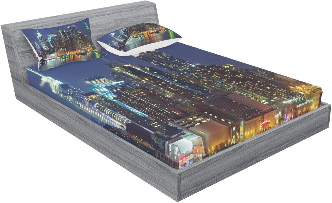 Ambesonne New York Fitted Sheet & Pillow Sham Set, NYC Midtown Skyline in Evening Skyscrapers Metropolis City States Photo, Decorative Printed 3 Piece Bedding Decor Set, Full, Royal Blue