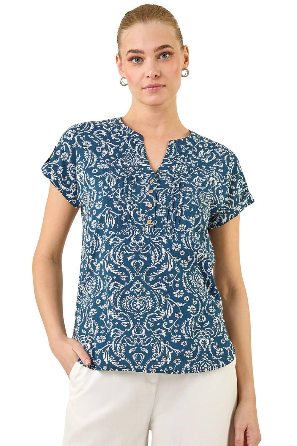 Roman Originals V-Neck Top for Women UK - Ladies Buttoned Short Sleeve Blouse Shirt T-Shirt Everyday Holiday Summer Casual Smart Office Work Casualwear Leisure Party