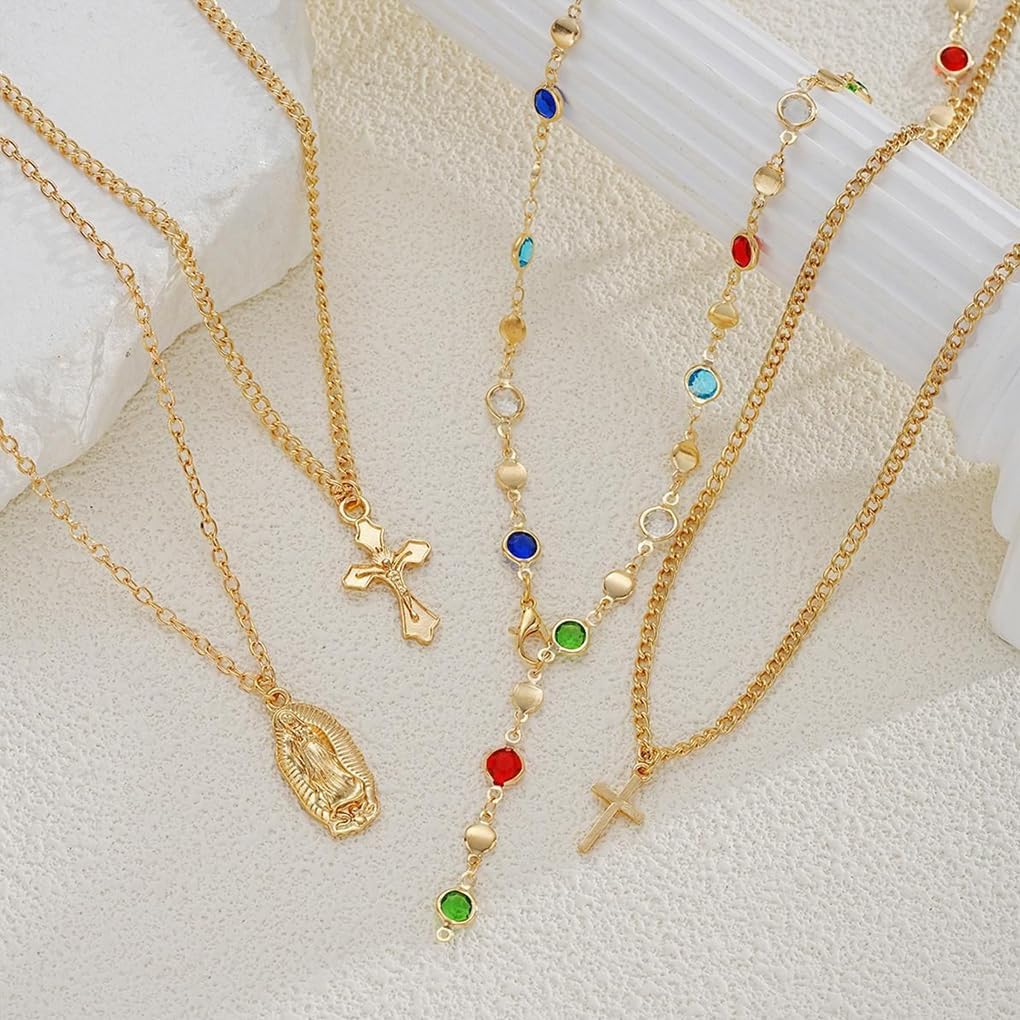 Gold Stacked Cross Lariat Necklace for Women Vintage Layered Cross Virgin Mary Colorful Crystal Y Necklace Dainty Cocktail Party Jewelry - Image 3