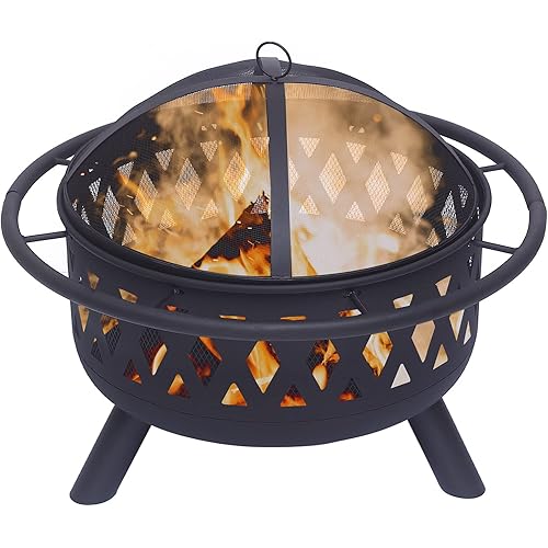 Fire Pit Set, Wood Burning Pit - Includes Screen, Cover and Poker- Great for Outdoor and Patio, 30 inch Crossweave Firepit by CGVOVOT…
