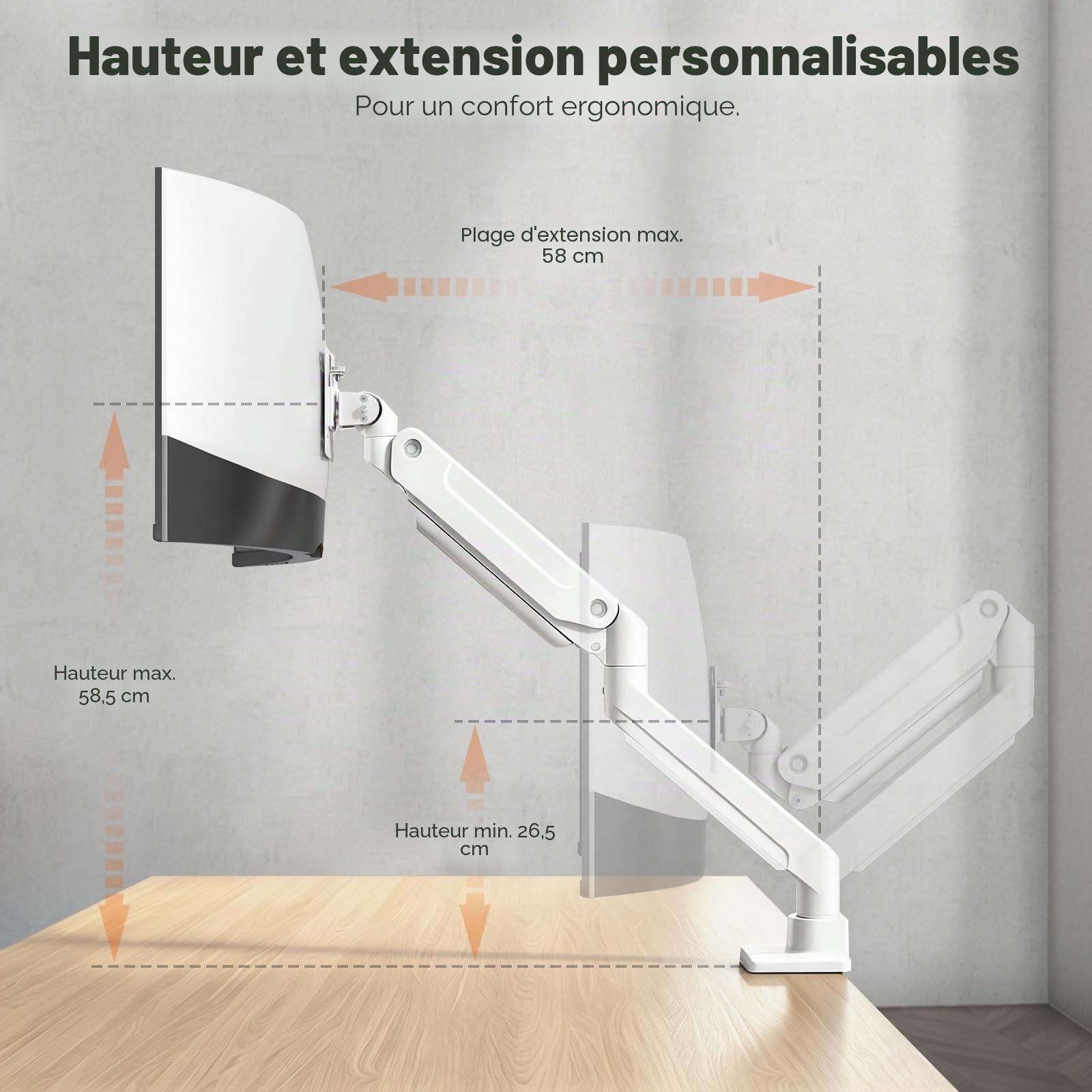 PUTORSEN Support PC Ecran Bras pour Écrans 17"-49" VESA 75/100mm Pince de Bureau Ergonomique Réglable en Hauteur 2-20kg