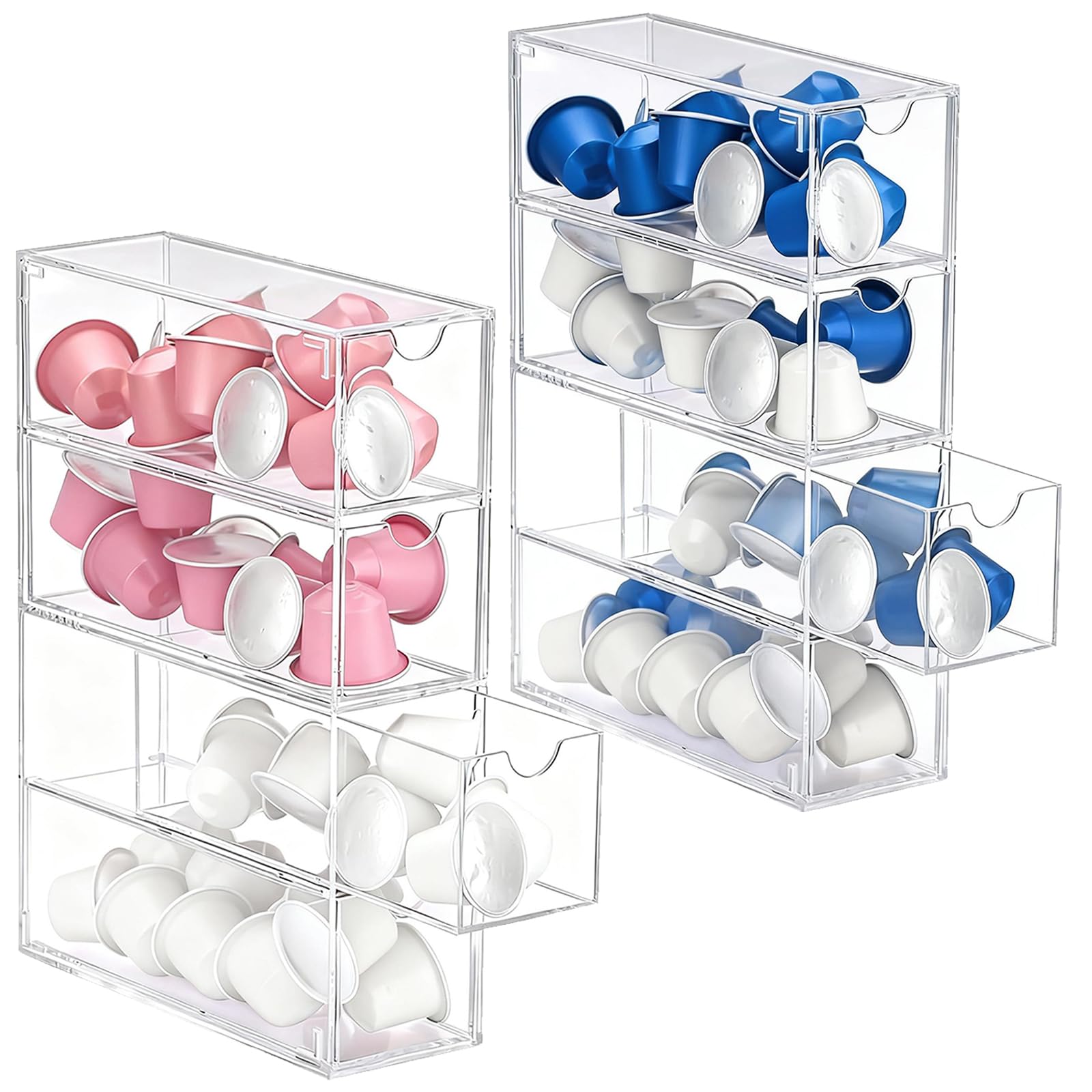 CRCFSUK 2Pcs Acrylic Coffee Pod Storage Organiser with 4 Drawers - Transparent Holder for Nespresso Vertuo/Original, Dolce Gusto & K-Cups - 24.7x17.6x6.6cm Stackable Drawer Box