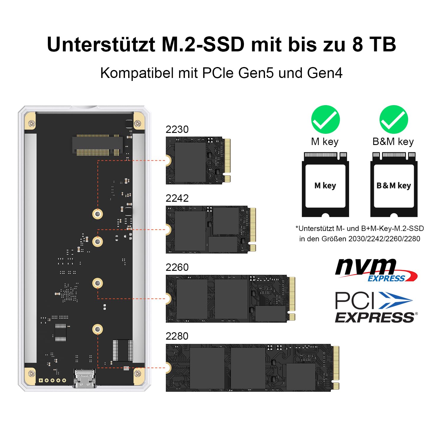 QWIIZLAB Lüfterloses 80Gbps M.2 NVMe SSD Gehäuse mit Aluminiumgehäuse, kompatibel mit Thunderbolt 5/4/3, abwärtskompatibel mit USB4/UBS3.2/3.1/3.0, unterstützt PCIe M.2 SSD bis zu 8 TB (Silber)