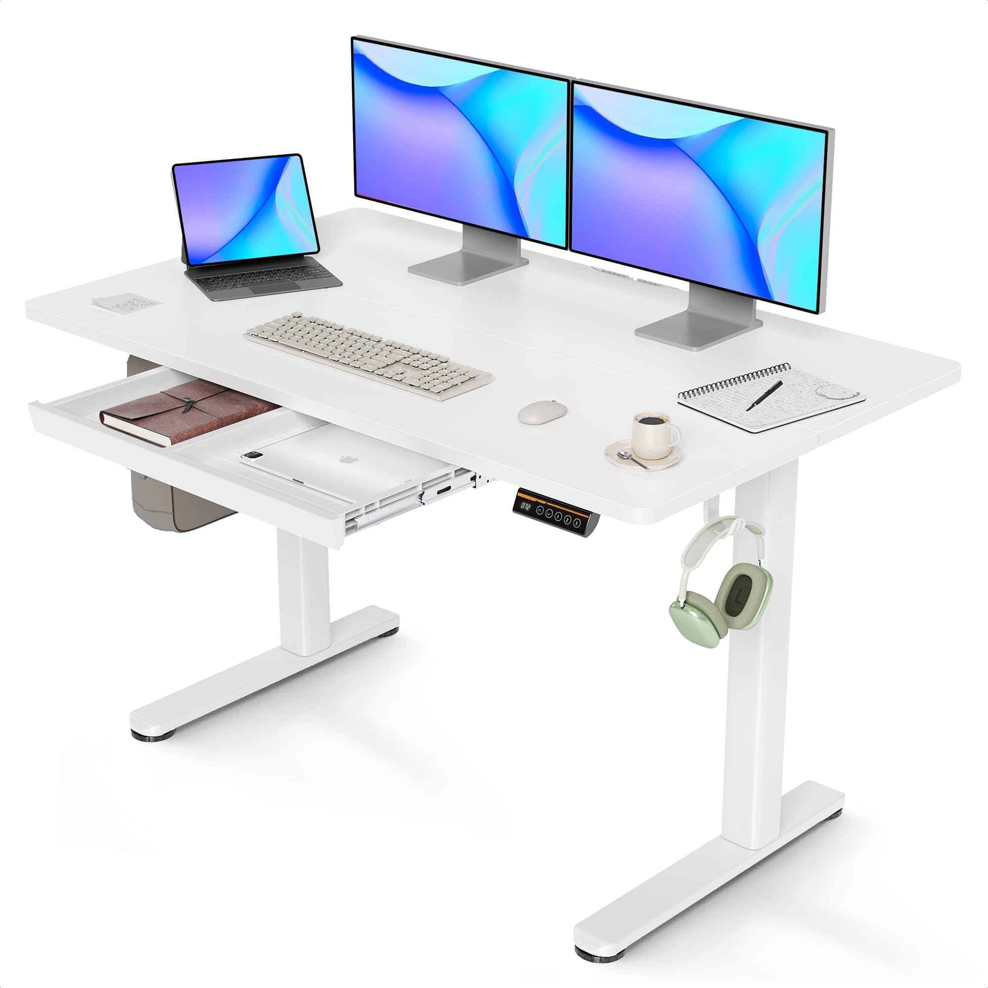 Claiks 120x60cm Escritorio Regulable en Altura con Cajones,80KG Capacidad de Carga Escritorio Elevable con 3 Memorias Inteligentes & 2 Gancho para Auriculares, Blancos