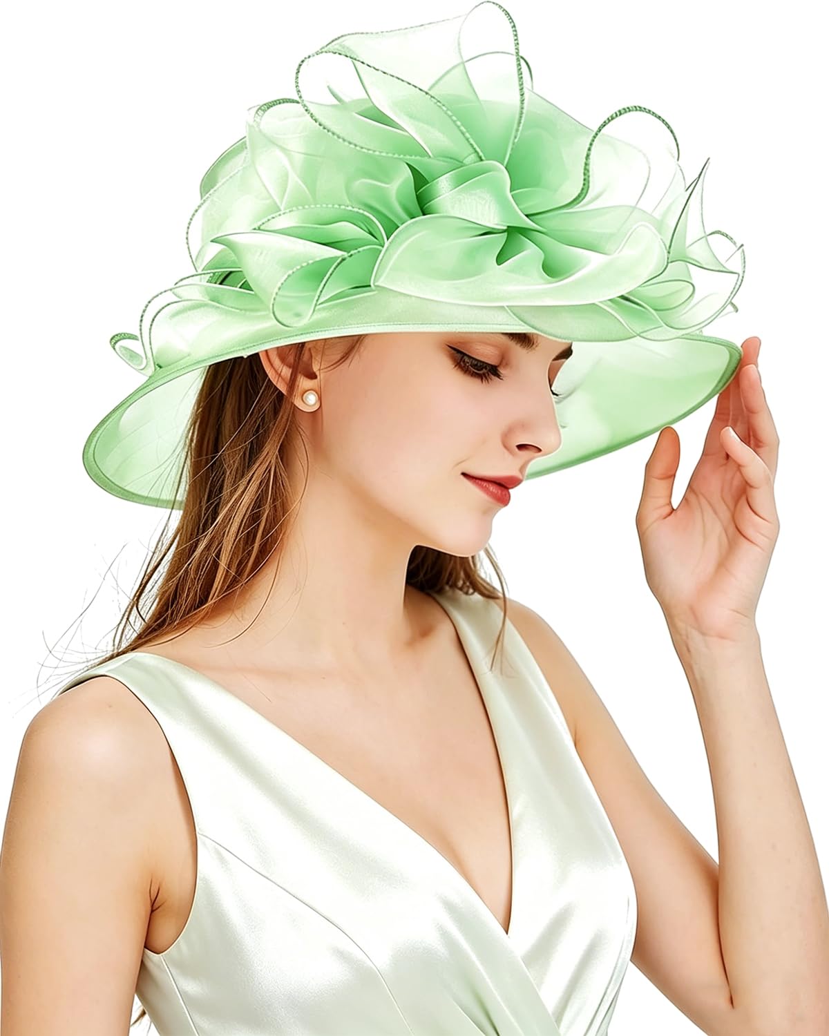ELLYDOOR Women Derby Fascinator Hat Organza Church Wedding Tea Party Hats Wide Brim Sun Hat, 039 Mint Green, One Size