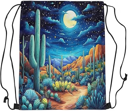 Cactus String Bag 16X13 Inch Desert Tropical Plants Sports Backpack Birthday Gifts Night Starry Sky Drawstring Bags for Women Gym Shopping Sport Yoga