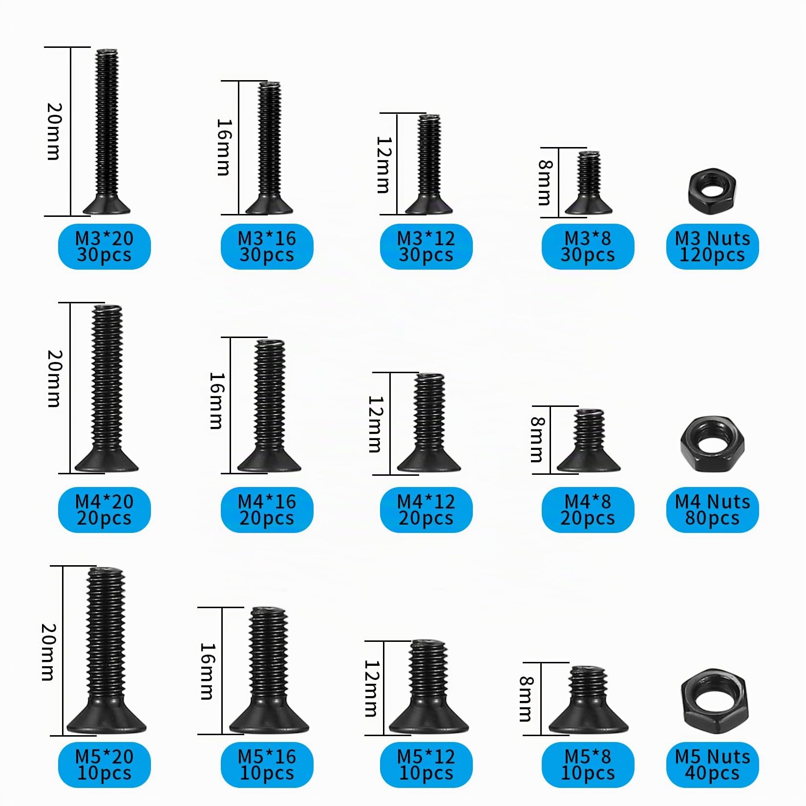 Set di 480 viti e dadi a esagono M3 M4 M5 - Kit di viti a testa piatta