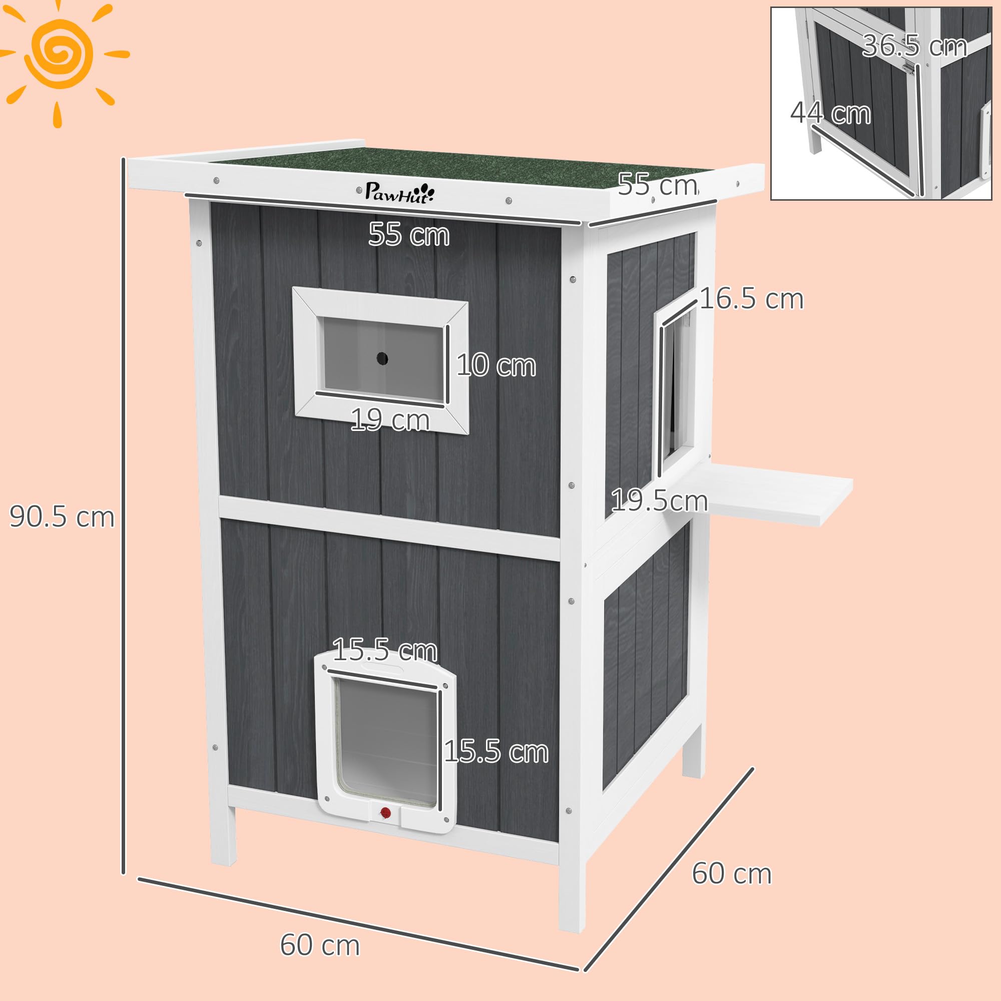 PawHut Cuccia Gatto Esterno in Legno di Abete a 2 Piani, Casetta per Gatti da Esterno con Tetto Apribile e Impermeabile, 60x60x90.5cm