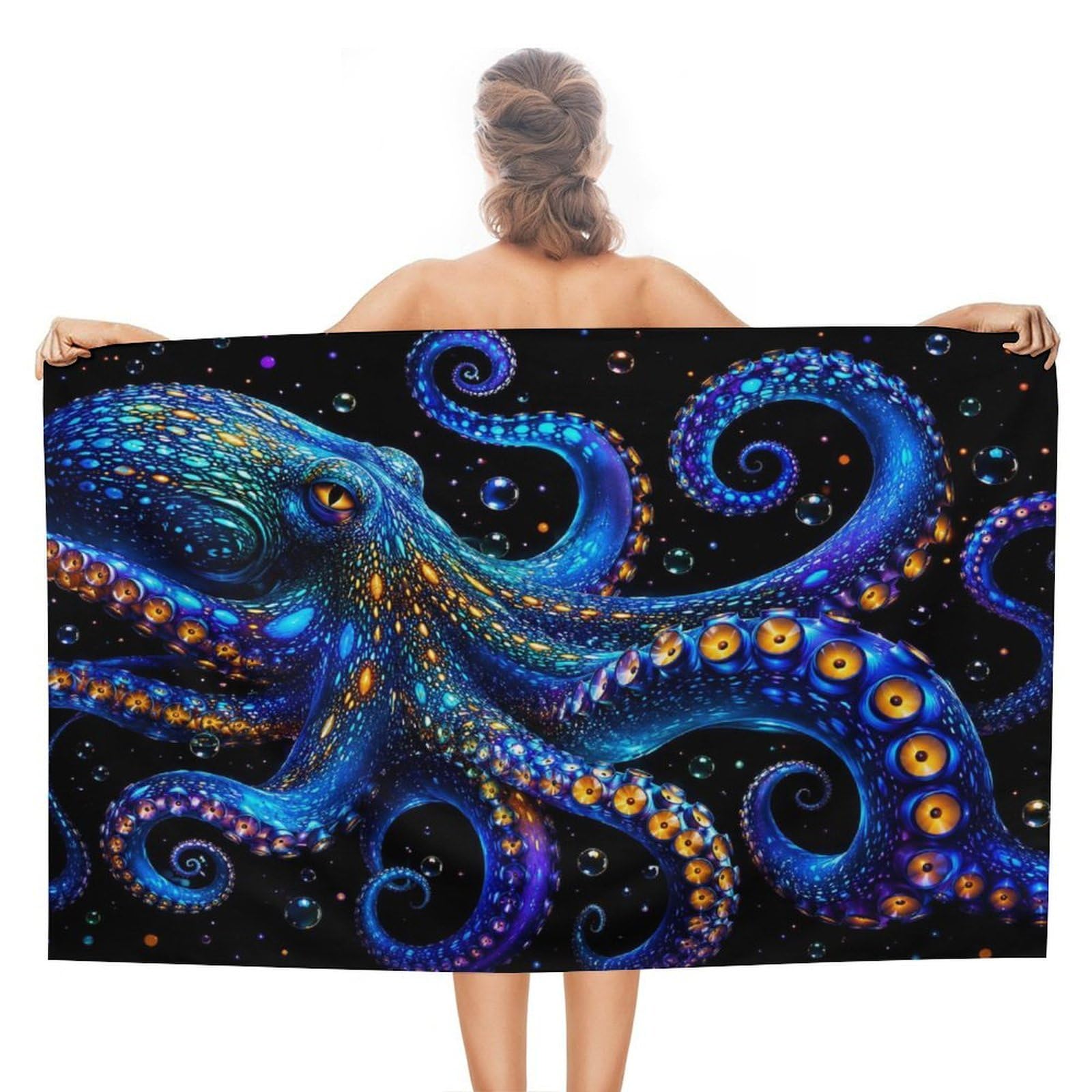 Anceky Blue Octopus with Glowing Eyes and Tentacles Oversized Beach Towel Quick Dry Sand Free Microfiber Travel Towel Lightweight Multi Purpose Beach Blanket Pool Gym Bath Towel 51x31 in
